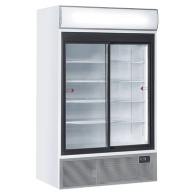 Fristående bild av Cool Head TKG 1000S Displaykyl med dubbla glasdörrar och toppskylt.