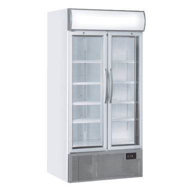 Cool Head TKG 800H Displaykyl med dubbla glasdörrar, hyllplan och belyst reklamlist.