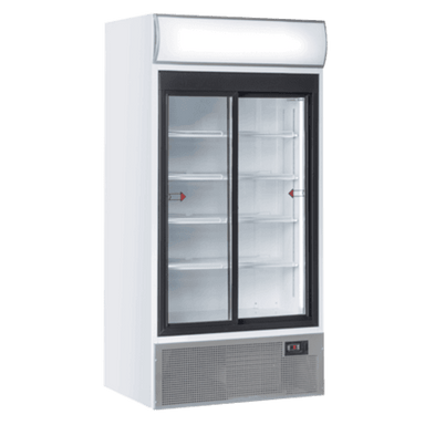 Cool Head TKG 800S Displaykyl med skjutdörrar, toppskylt och ventilerad kylning.