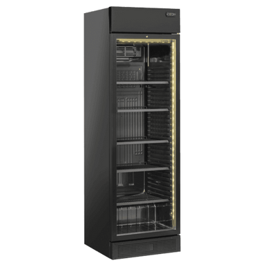 Cool Head TKG 408CB Displaykyl i helsvart utförande med glashyllor och reklamlist.