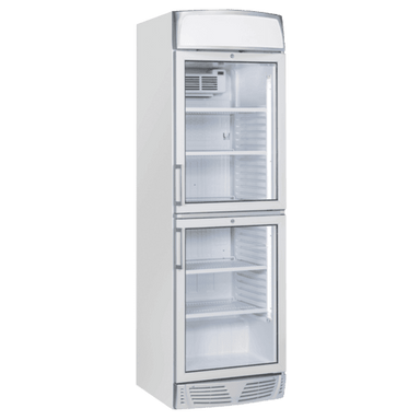 Cool Head TMG 390C Displaykyl med två separata glasdörrar och toppbelyst reklamlist.