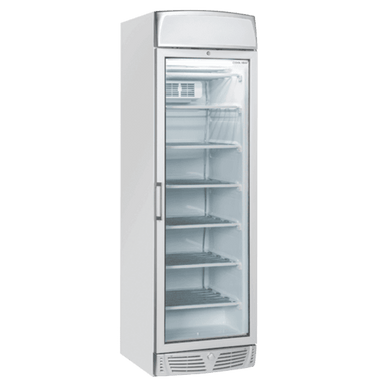 Vit modell av Cool Head TNG 390C Displayfrys med glasdörr och reklampanel i ovankant.