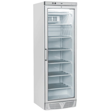 Vit modell av Cool Head TNG 390 Displayfrys med glasdörr och belysning inuti.