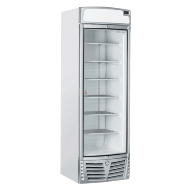 Framsida av Cool Head TNG 480C Displayfrys med glasdörr, reklampanel och sju hyllplan.