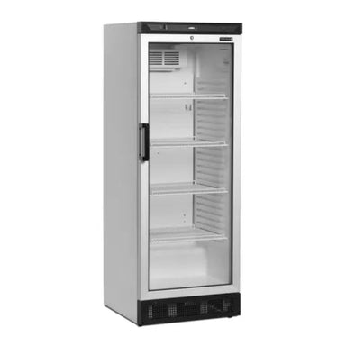 Fristående Tefcold FS1280 Displaykyl med transparent front och svart topp.