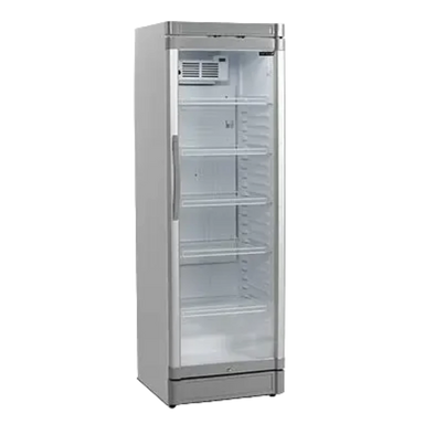 Fristående Tefcold GBC375 Displaykyl med glasdörr och flera hyllor.