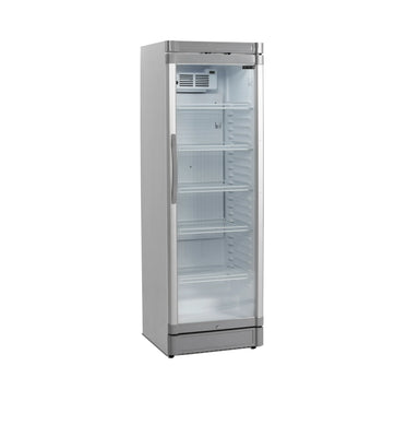 Fristående Tefcold GBC375 Displaykyl med glasdörr och flera hyllor.