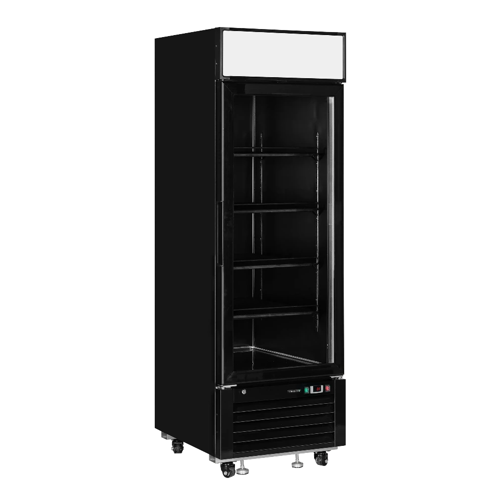 Svart TEFCOLD LGC2500B Exponeringskyl med tomma hyllor och glasdörr.
