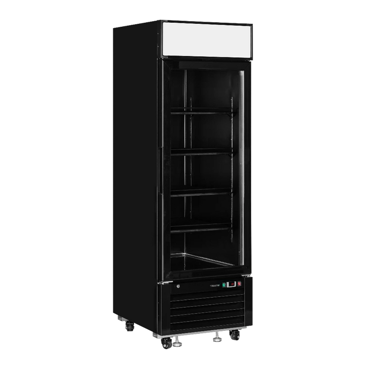 Svart TEFCOLD LGC2500B Exponeringskyl med tomma hyllor och glasdörr.