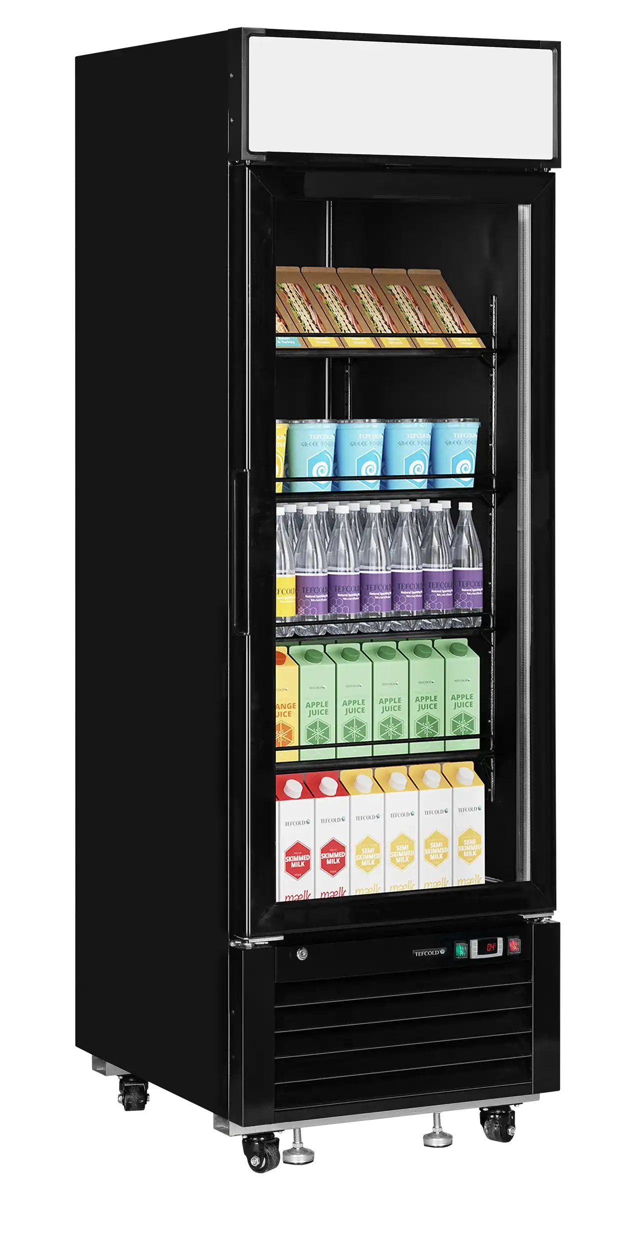 Tefcold LGC2500B Displaykyl fylld med drycker och matvaror.
