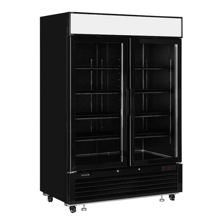Fristående svart TEFCOLD LGC5000B Displaykyl med dubbla glasdörrar.