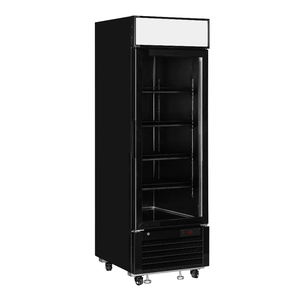 Svart TEFCOLD LGF2500B Displayfrys i öppet läge med synliga hyllplan.