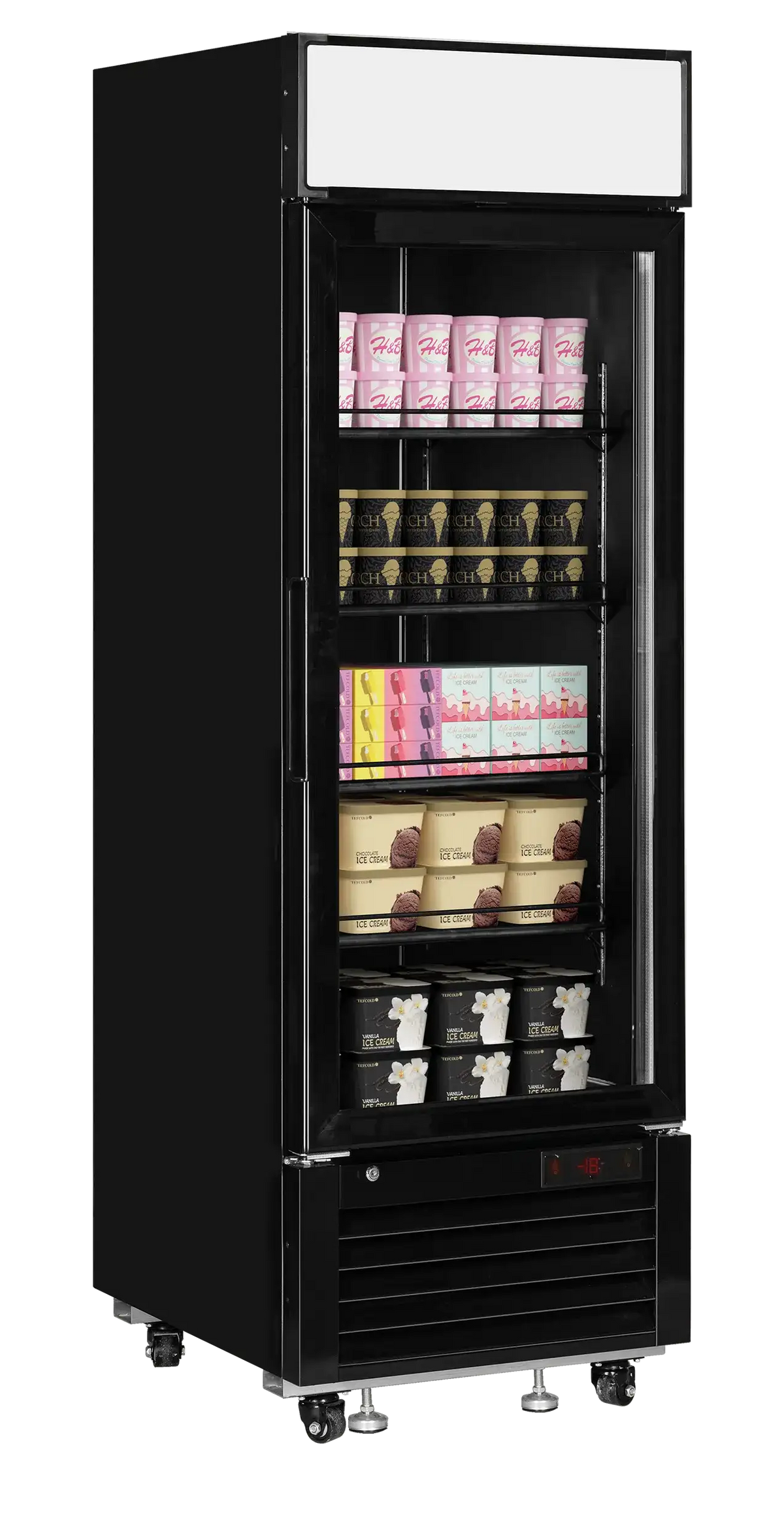 Sido- och frontvy av TEFCOLD LGF2500B Displayfrys med produkter.