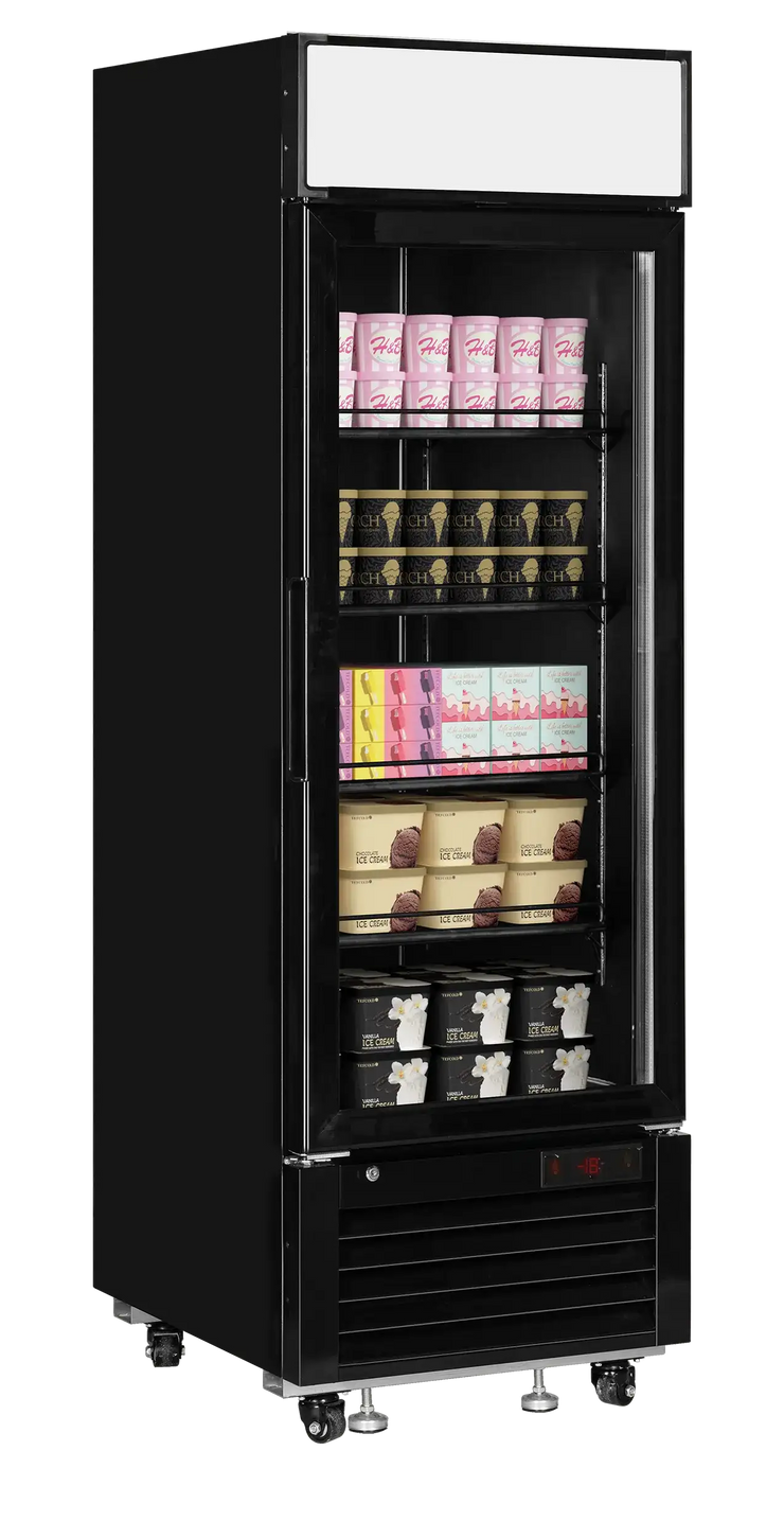 Sido- och frontvy av TEFCOLD LGF2500B Displayfrys med produkter.