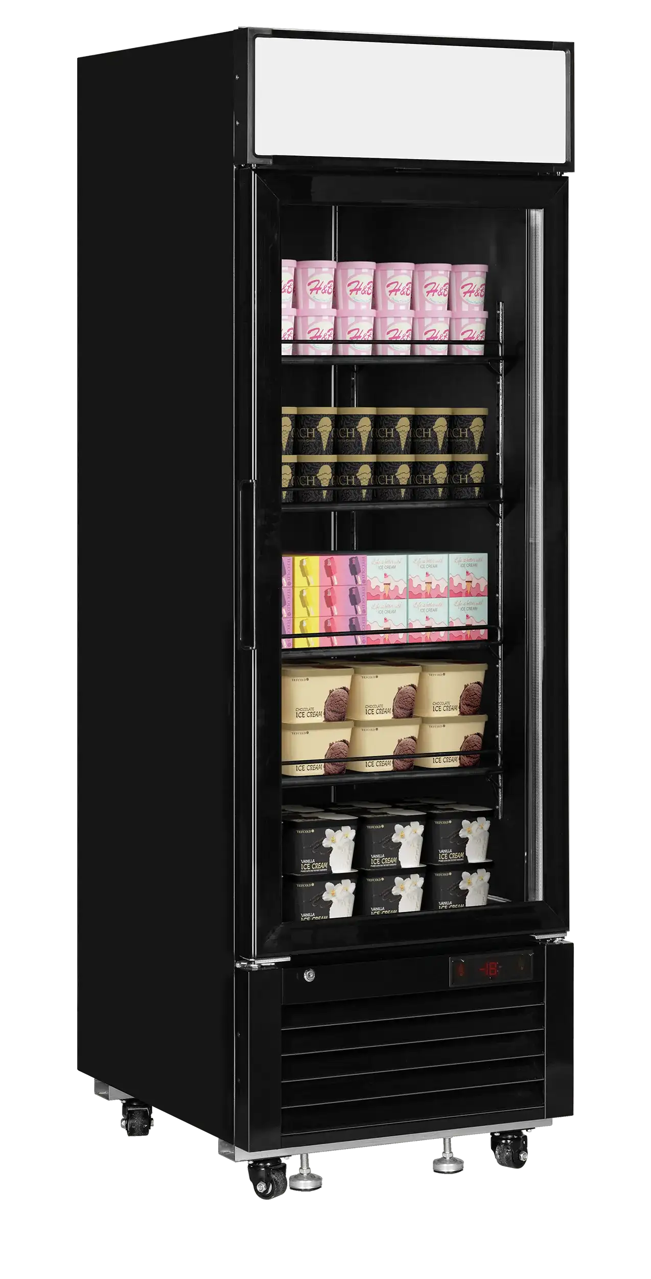 Sido- och frontvy av Tefcold LGF2500B Displayfrys med produkter.