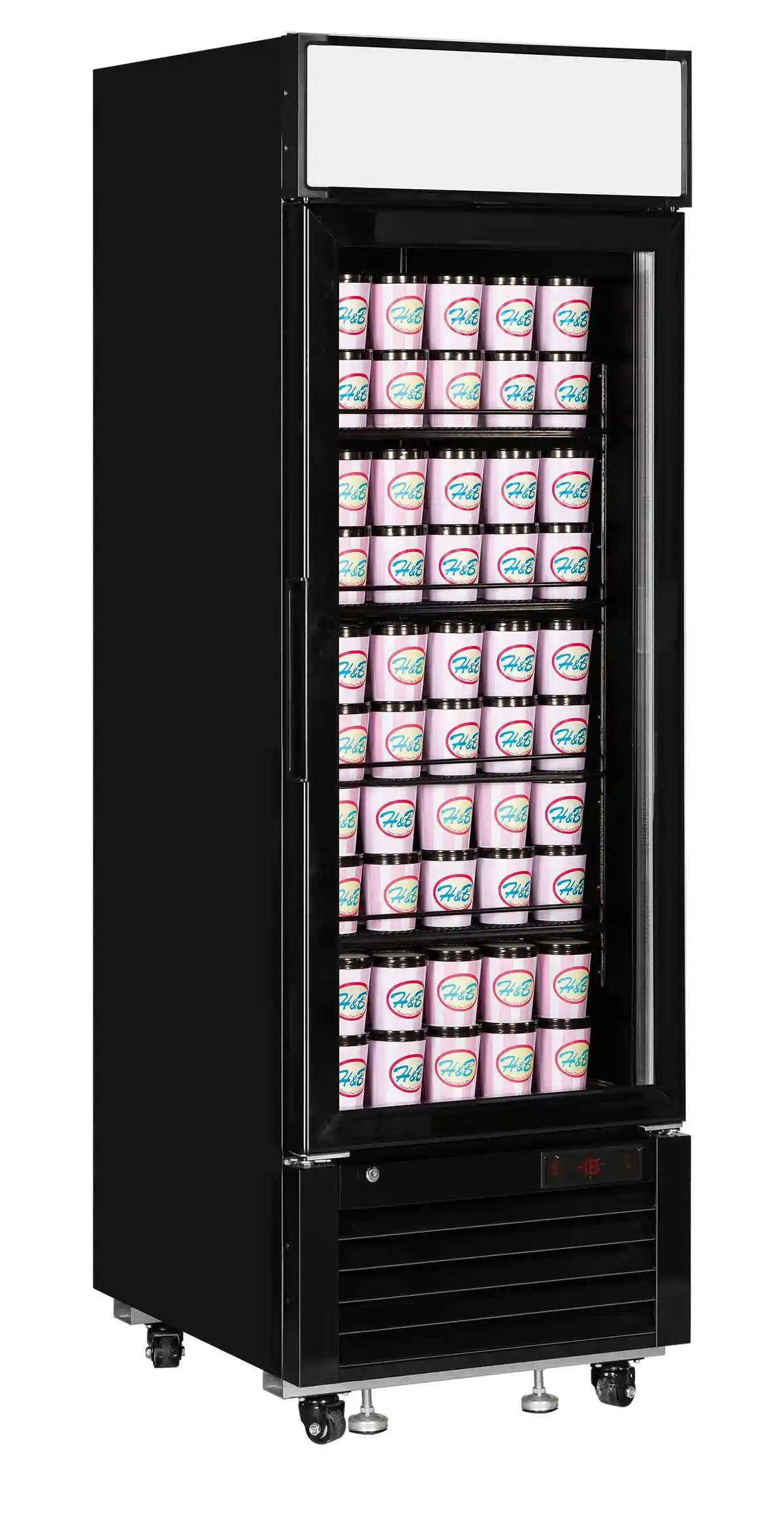 TEFCOLD LGF2500B Displayfrys med glasdörr och fyllda hyllor med glassbägare.