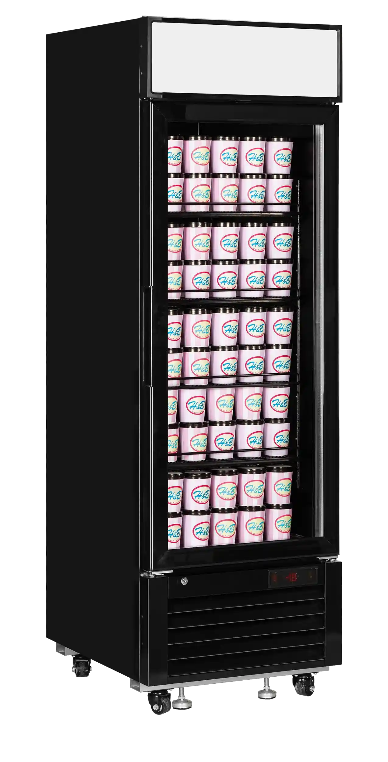 Tefcold LGF2500B Displayfrys med glasdörr och fyllda hyllor med glassbägare.