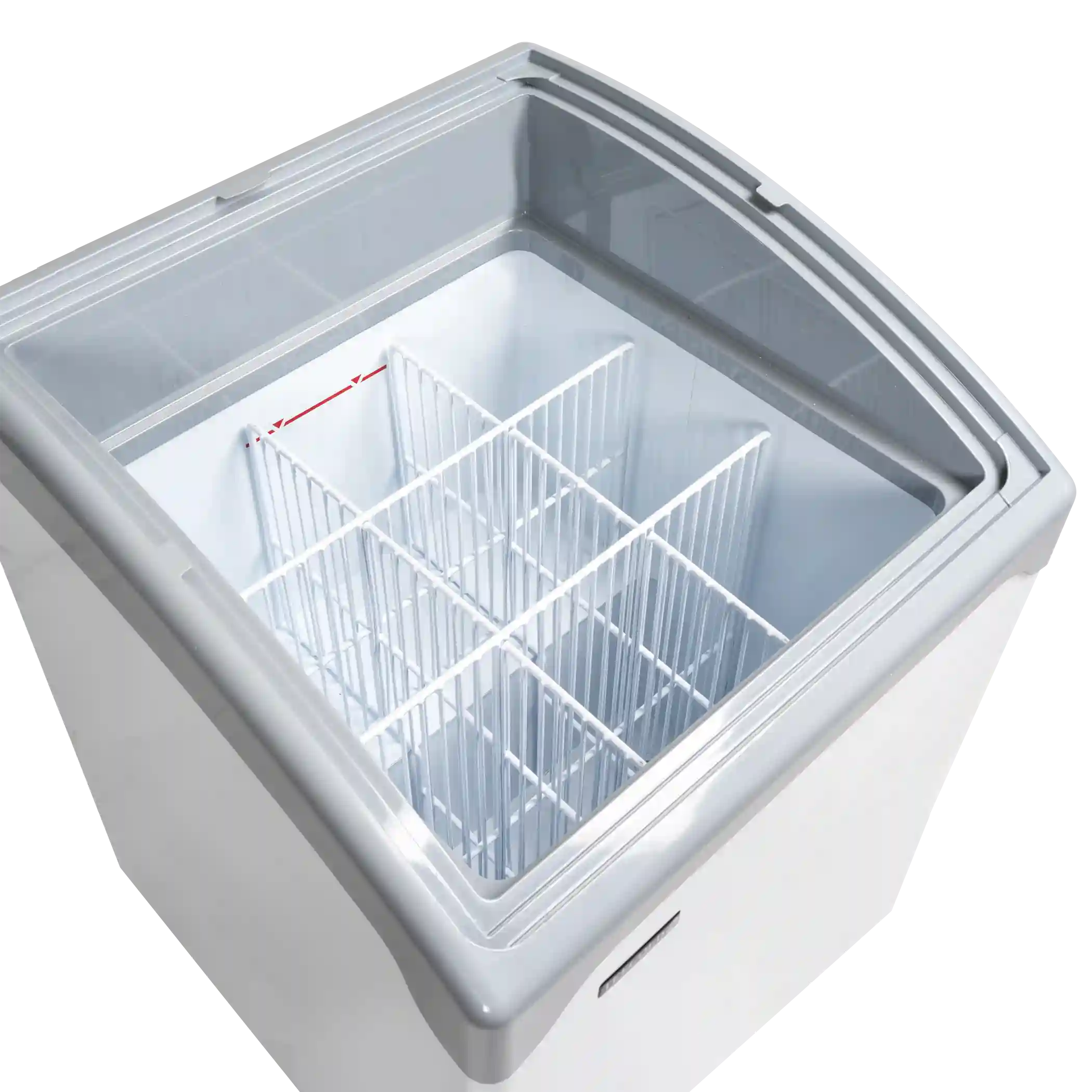 Öppen Tefcold NIC101SCEB frysbox sedd ovanifrån med trådkorgar.