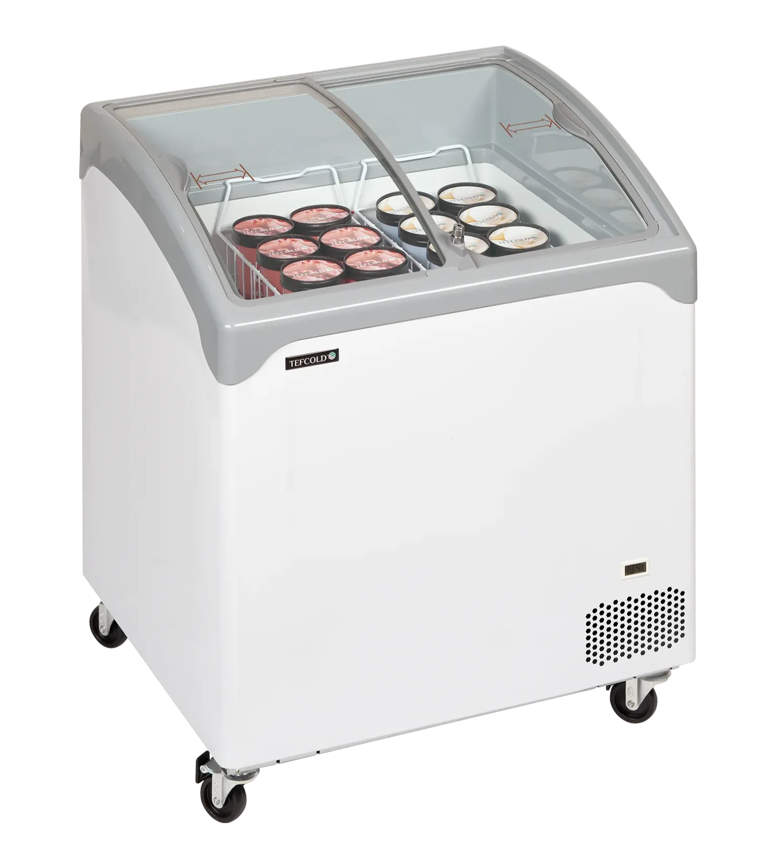 Tefcold NIC201SCEB frysbox fylld med glassförpackningar under glaslock.