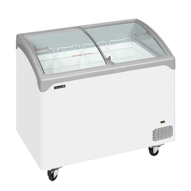 Tom Tefcold NIC301SCEB frysbox med glaslock och vita trådkorgar.