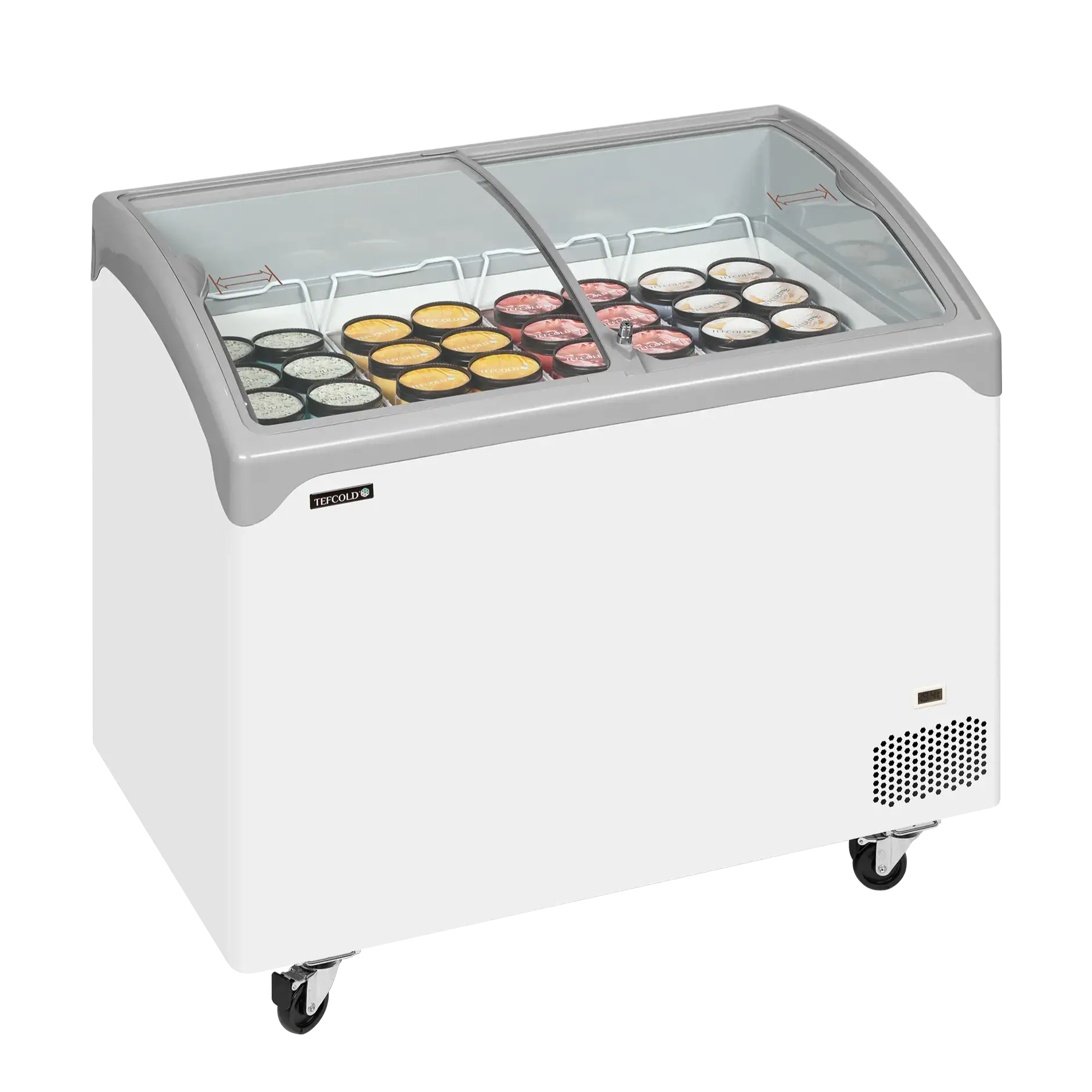 Fylld Tefcold NIC301SCEB frysbox med sorterade glassar under glaslocket.
