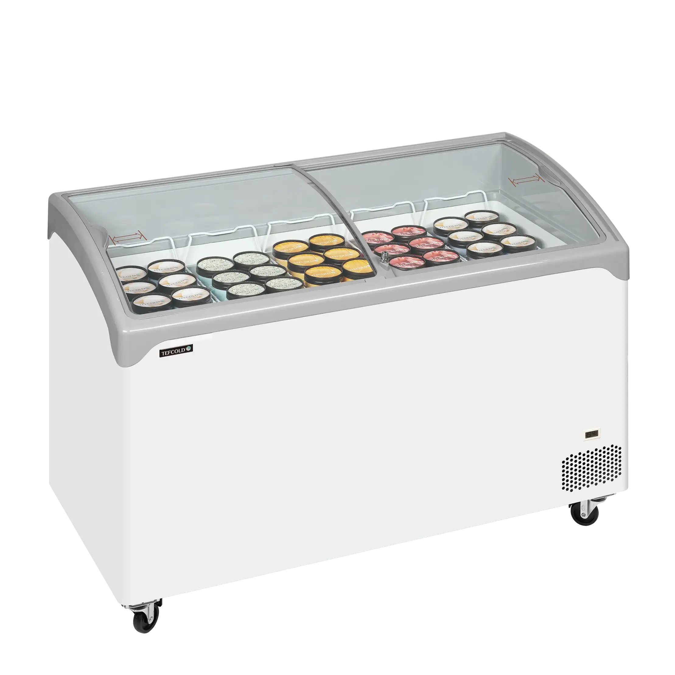 Fylld Tefcold NIC401SCEB frysbox med glassförpackningar under glaslock.