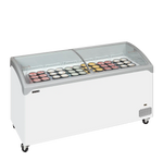 Fylld Tefcold NIC501SCEB frysbox med glassförpackningar under glaslock.