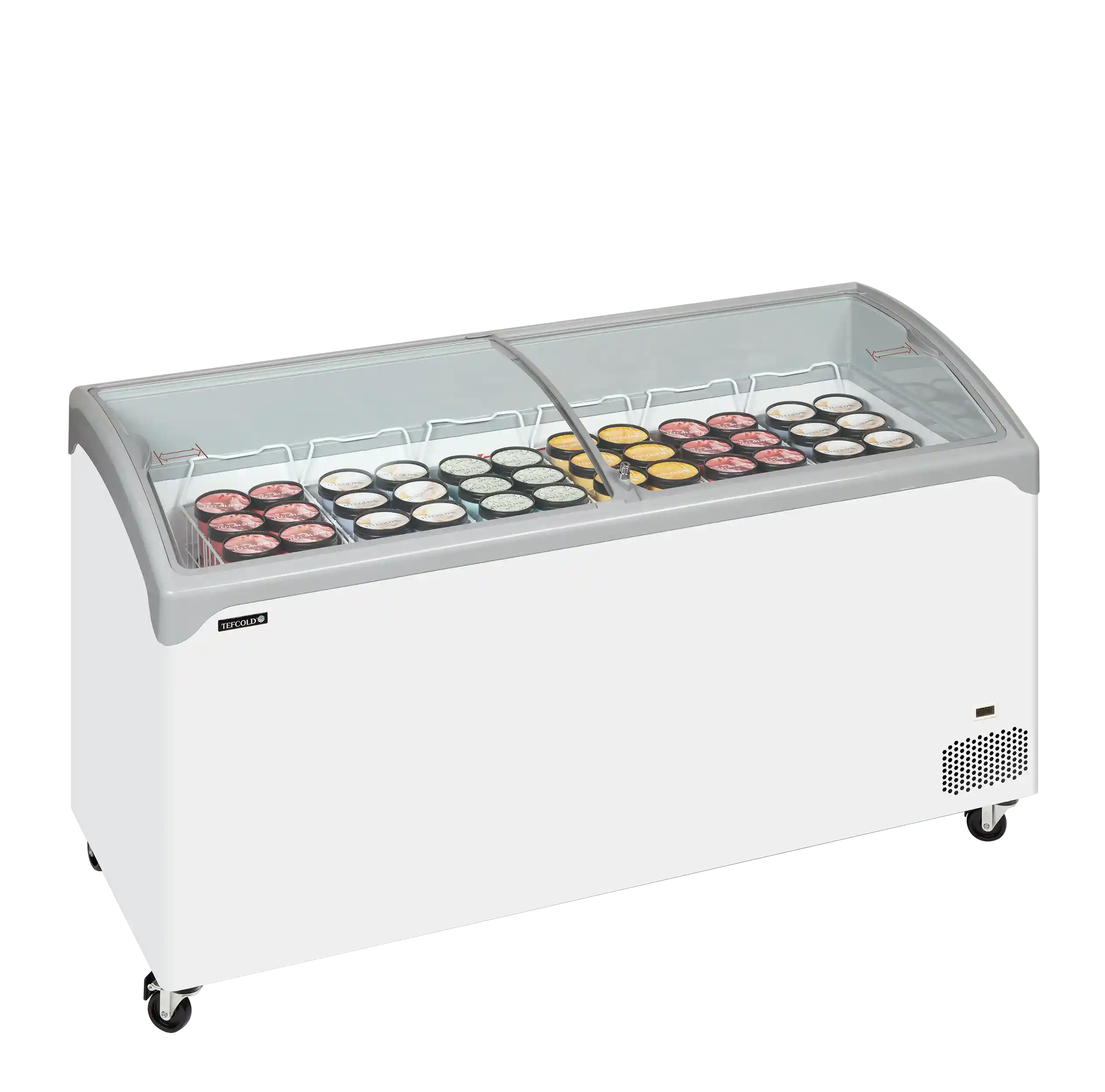 Fylld Tefcold NIC501SCEB frysbox med glassförpackningar under glaslock.