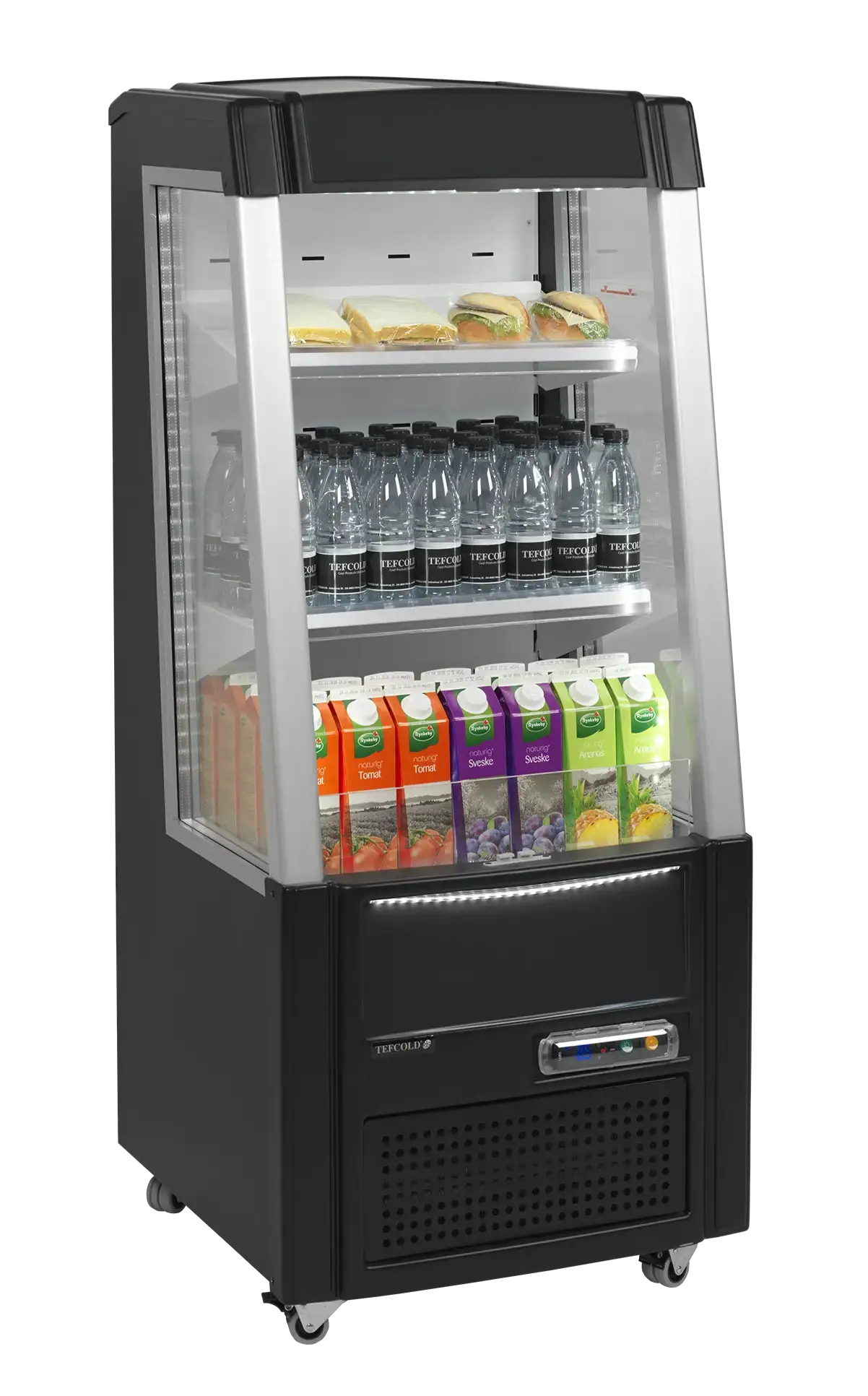 Tefcold ODC60 Kylmonter fylld med juice, vattenflaskor och smörgåsar.