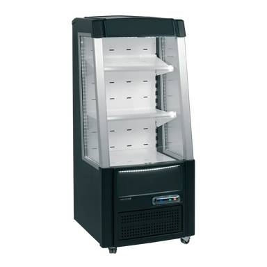 Tefcold ODC60 Kylmonter med vit inredning och glashyllor, fotograferad i vinkel.