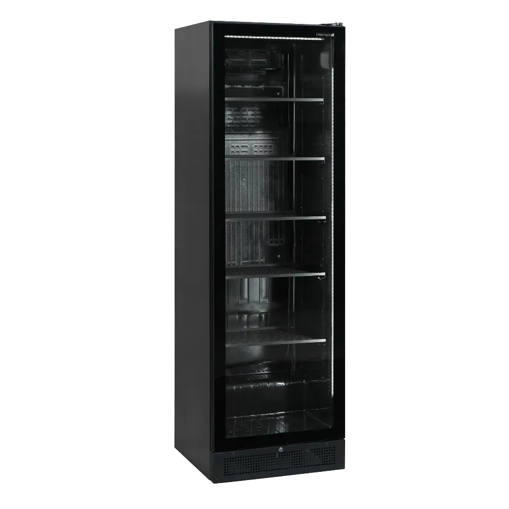 TEFCOLD SCU1425 FRAMELESS Dryckeskyl med tomma hyllor och belysning tänd.