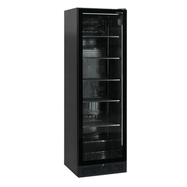 TEFCOLD SCU1425 FRAMELESS Dryckeskyl med tomma hyllor och belysning tänd.