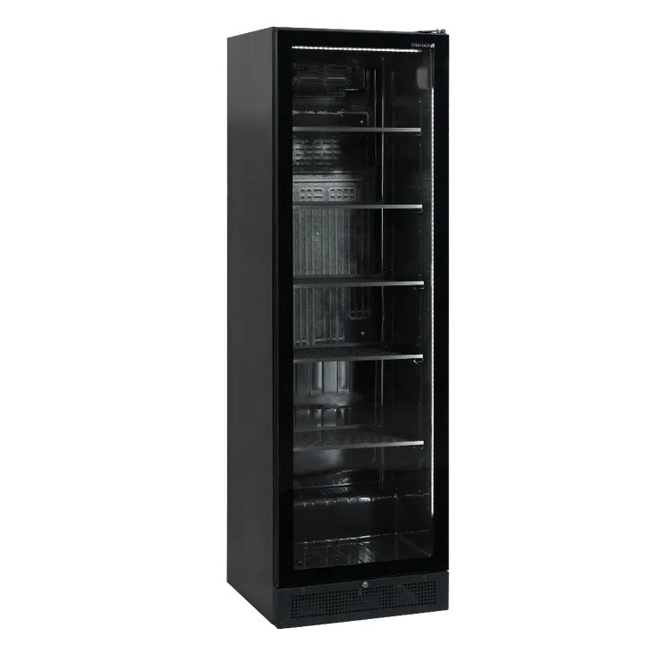 TEFCOLD SCU1425 FRAMELESS Dryckeskyl med tomma hyllor och belysning tänd.