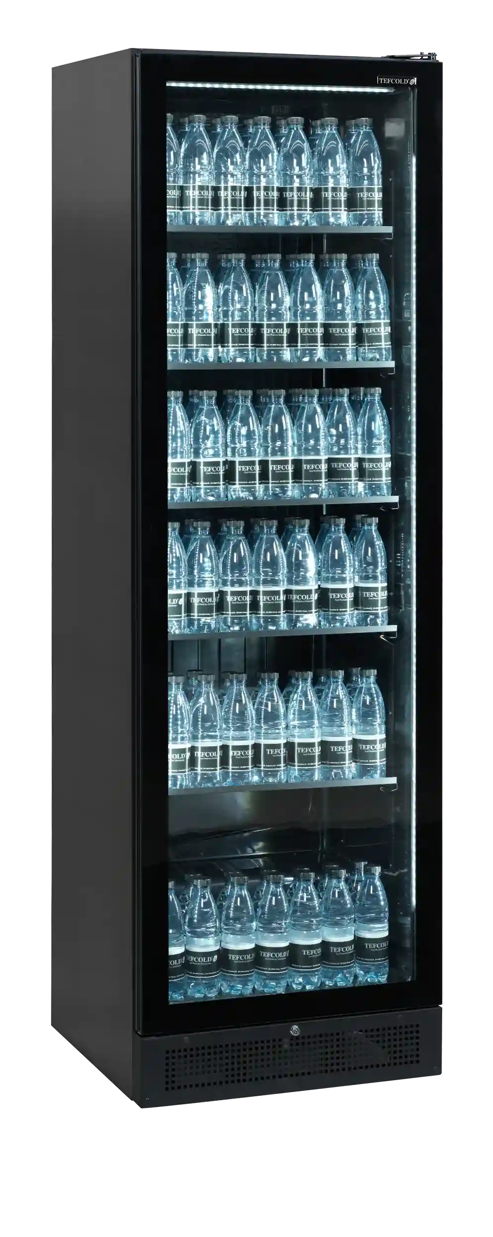 Tefcold SCU1425 FRAMELESS Displaykyl med vattenflaskor på alla hyllor.