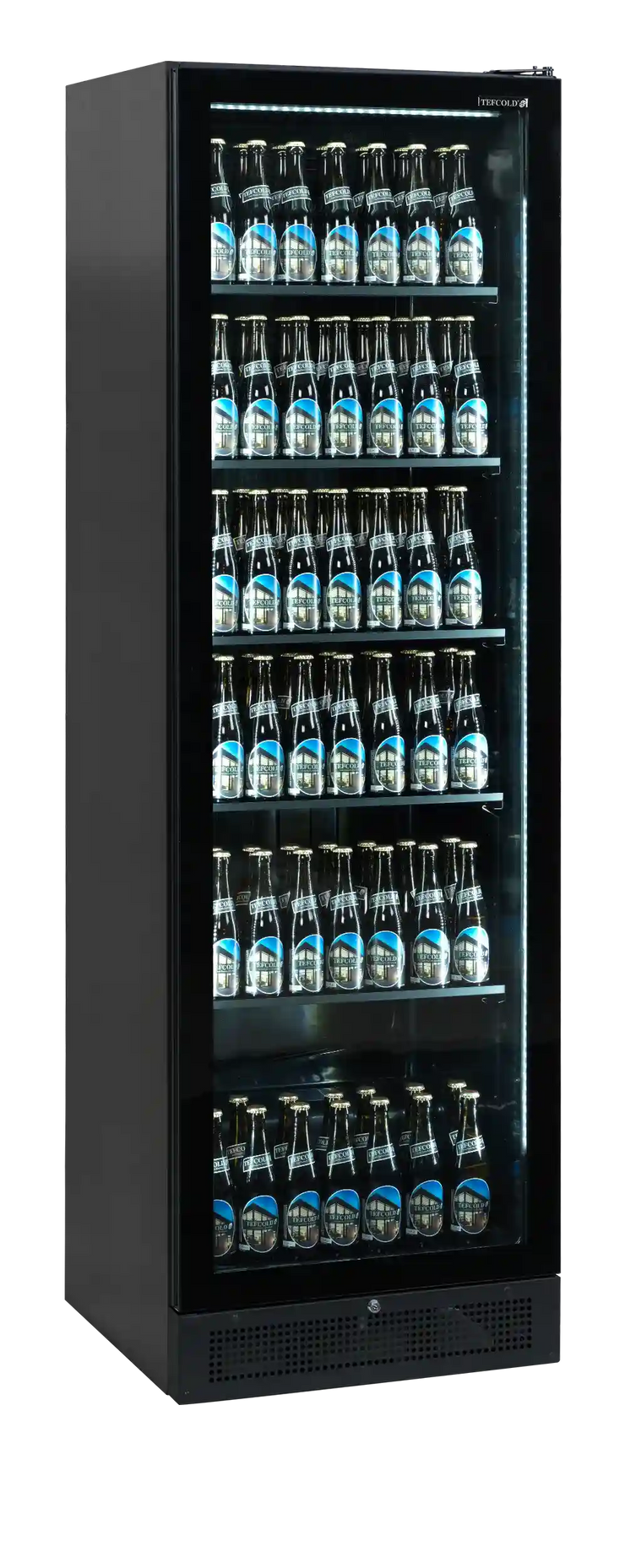 TEFCOLD SCU1425 FRAMELESS Dryckeskyl fylld med flaskor, sedd framifrån.