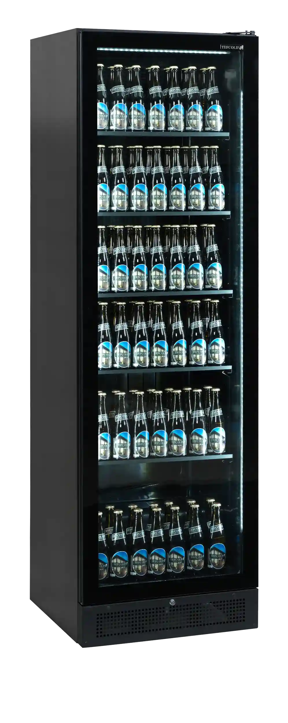 Tefcold SCU1425 FRAMELESS Displaykyl fylld med flaskor, sedd framifrån.