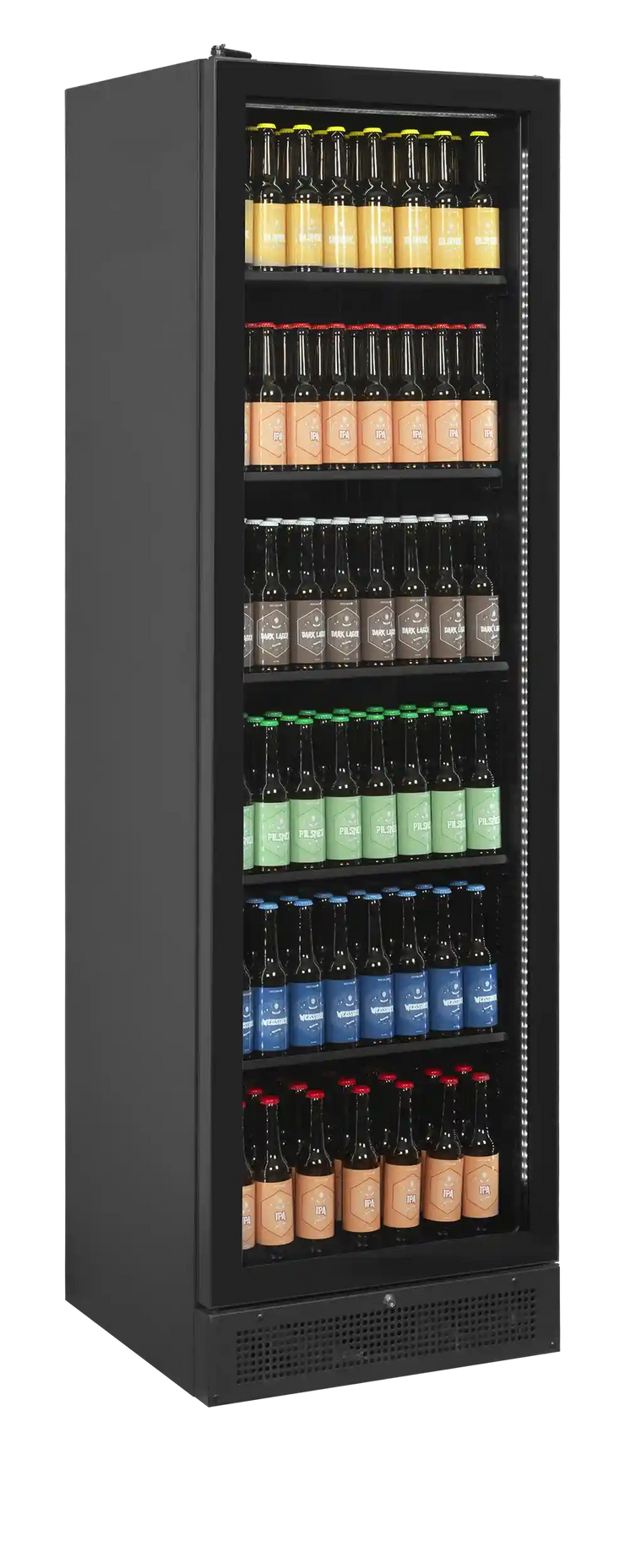 TEFCOLD SCU1425 FRAMELESS Dryckeskyl i vinkel, fylld med färgkodade flaskor.