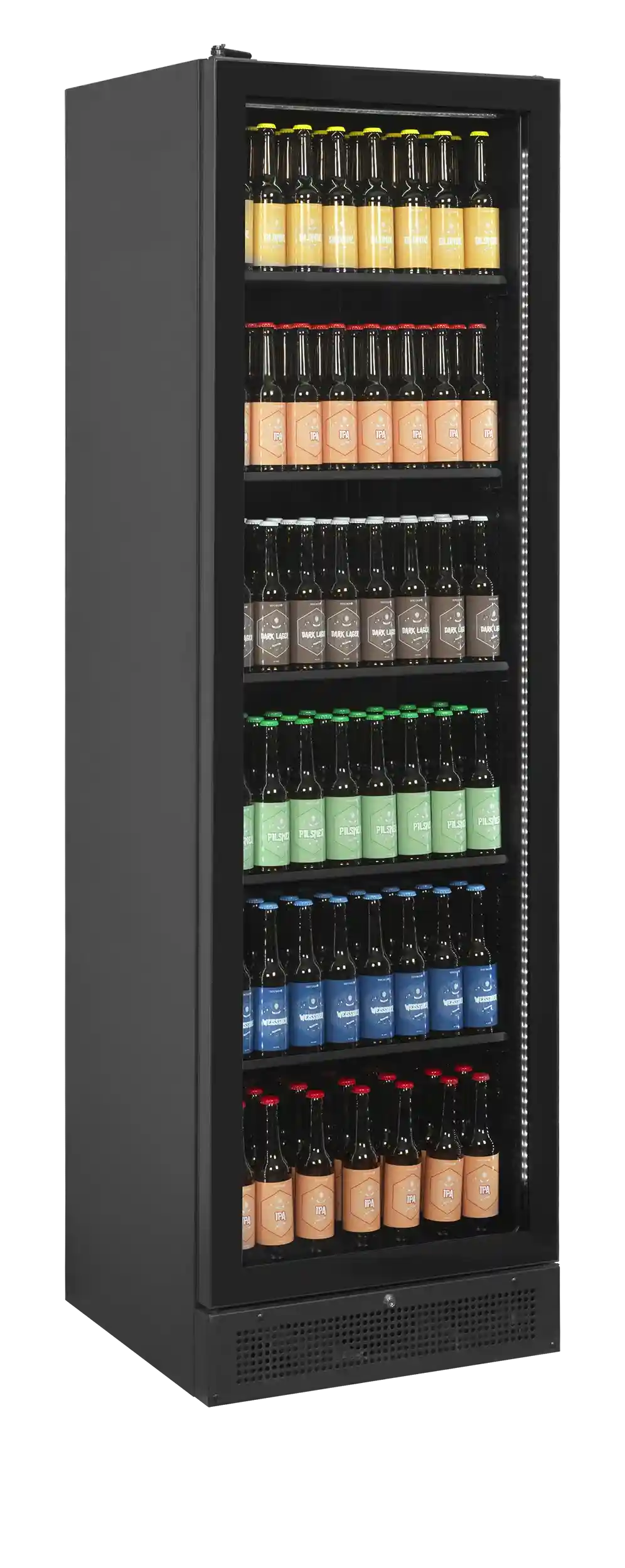 Tefcold SCU1425 FRAMELESS Displaykyl i vinkel, fylld med färgkodade flaskor.