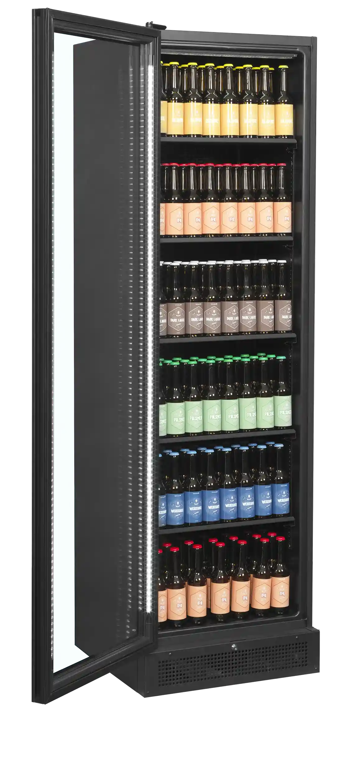 Tefcold SCU1425 FRAMELESS Displaykyl med öppen dörr och flaskor i olika färger.