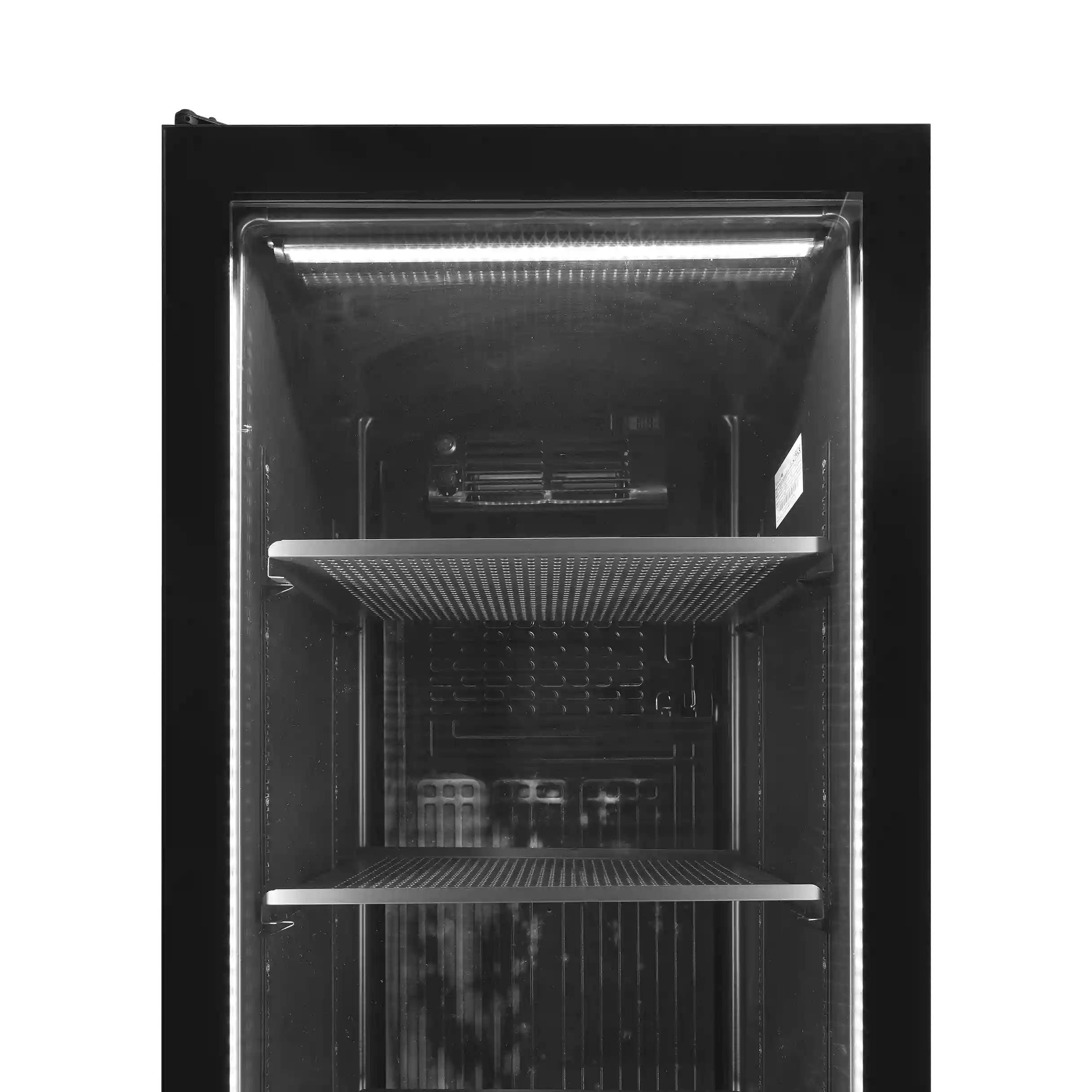 Toppvy inuti Tefcold SCU1425 FRAMELESS Displaykyl med belysning och gallerhyllor.