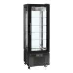 Tefcold UPD400-C Kylmonter med tomma glashyllor och LED-belysning, sedd i vinkel.