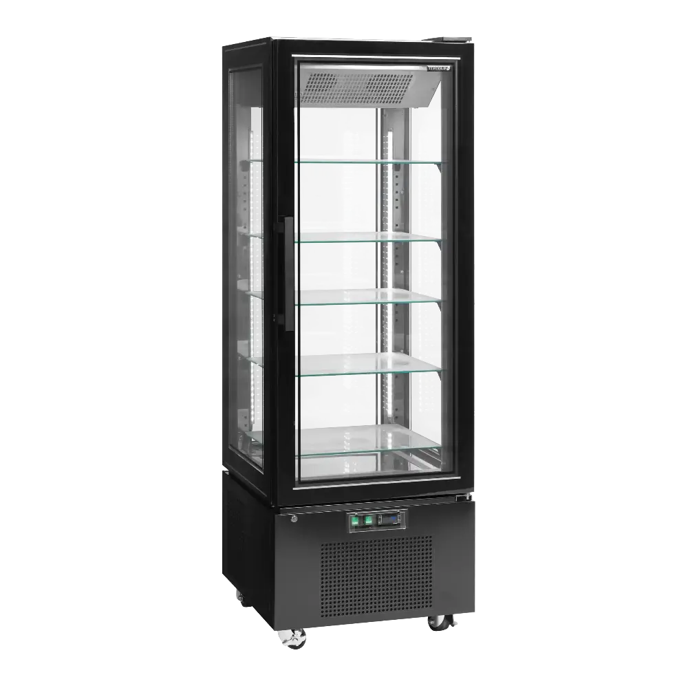 TEFCOLD UPD400-F Frysmonter med tomma glashyllor, helbild i vinkel.