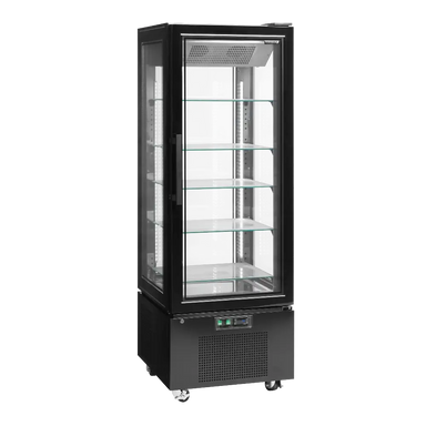 Tefcold UPD400-F Frysmonter med tomma glashyllor, helbild i vinkel.
