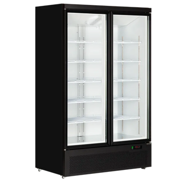 TEFCOLD Atom Maxi C2DB Displaykyl med belysta hyllor och tom inredning.