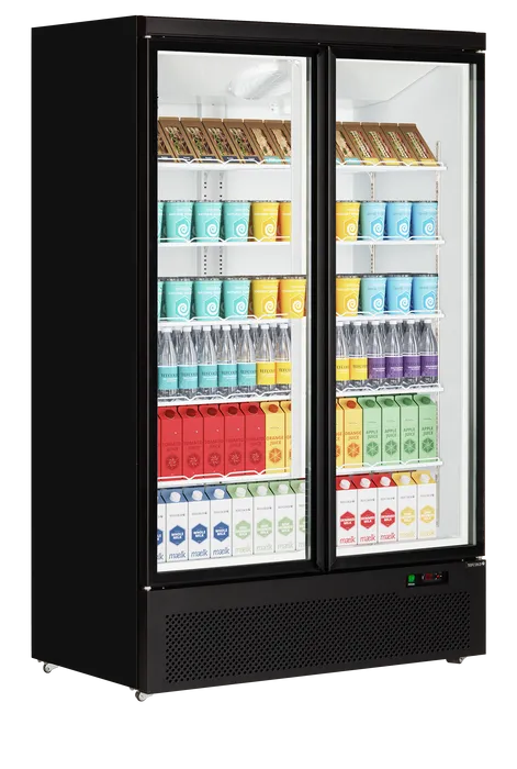 Frontvy av Tefcold Atom Maxi C2DB Displaykyl full med drycker och matvaror.