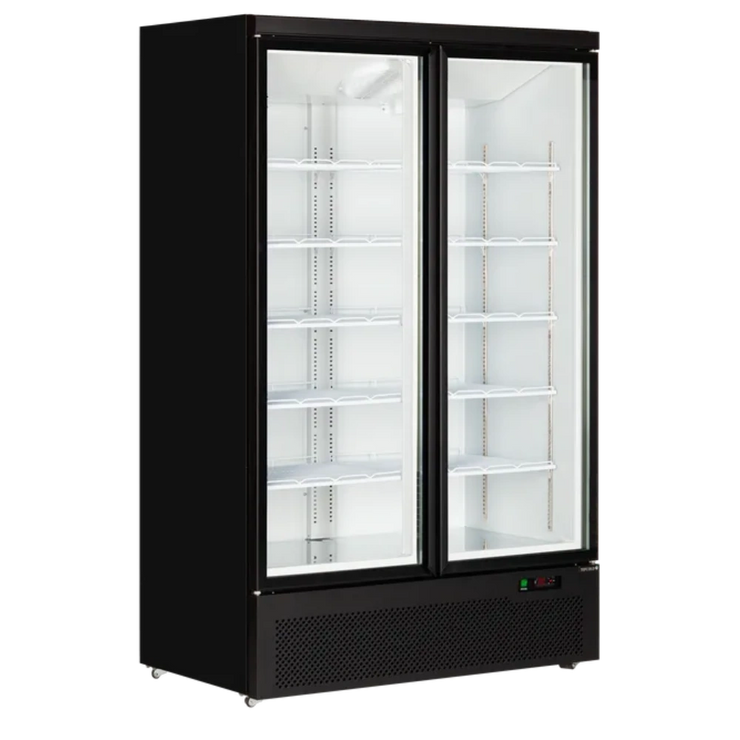 TEFCOLD Atom Maxi C2DB Displaykyl med belysta hyllor och tom inredning.