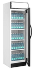 Tefcold CEV425CP kylskåp med öppen dörr som visar fulla hyllor med vattenflaskor.