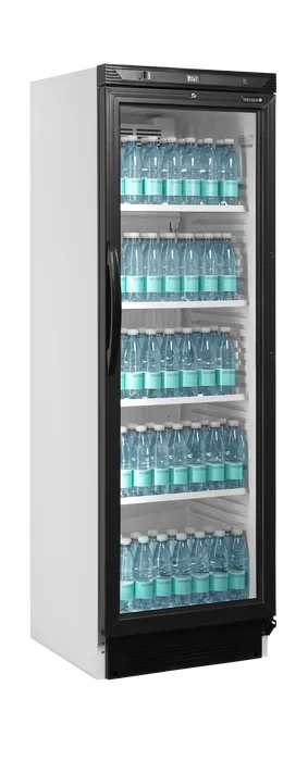 TEFCOLD CEV425 kylskåp med transparent dörr och fem hyllor med flaskor, visad framifrån.