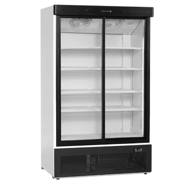 Tefcold FS1202S med tomma hyllplan och dubbla skjutbara glasdörrar