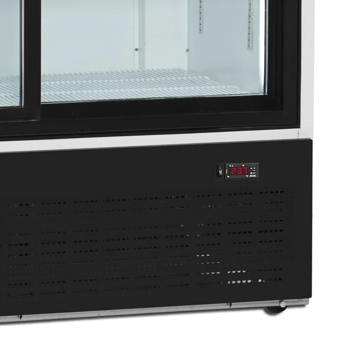 TEFCOLD FS1202S digital temperaturdisplay och ventilationsgaller i svart frontpanel